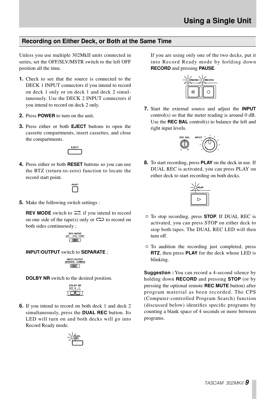 Using a single unit | Tascam 302mkII User Manual | Page 9 / 20