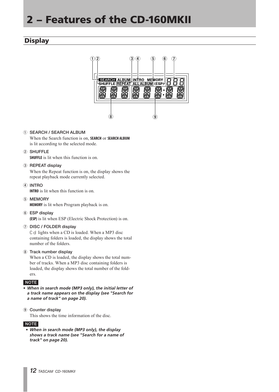 2 − features of the cd-160mkii, Display | Tascam CD-160MKII User Manual | Page 12 / 24