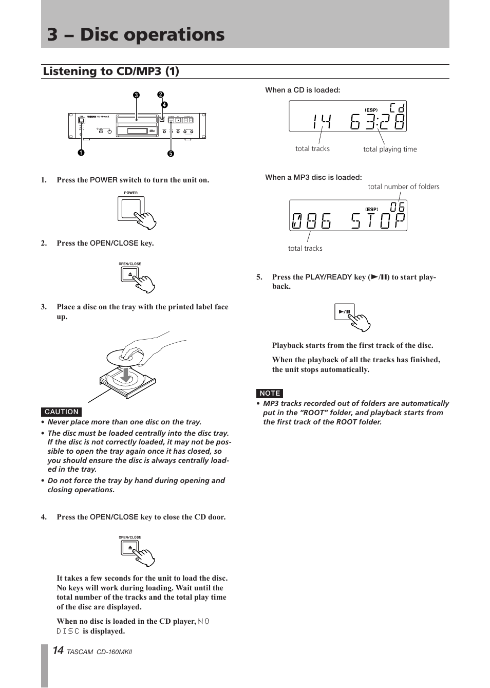 3 − disc operations, Listening to cd/mp3 (1) | Tascam CD-160MKII User Manual | Page 14 / 24