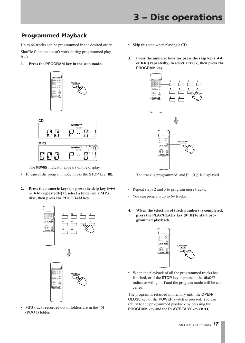 3 − disc operations, Programmed playback | Tascam CD-160MKII User Manual | Page 17 / 24