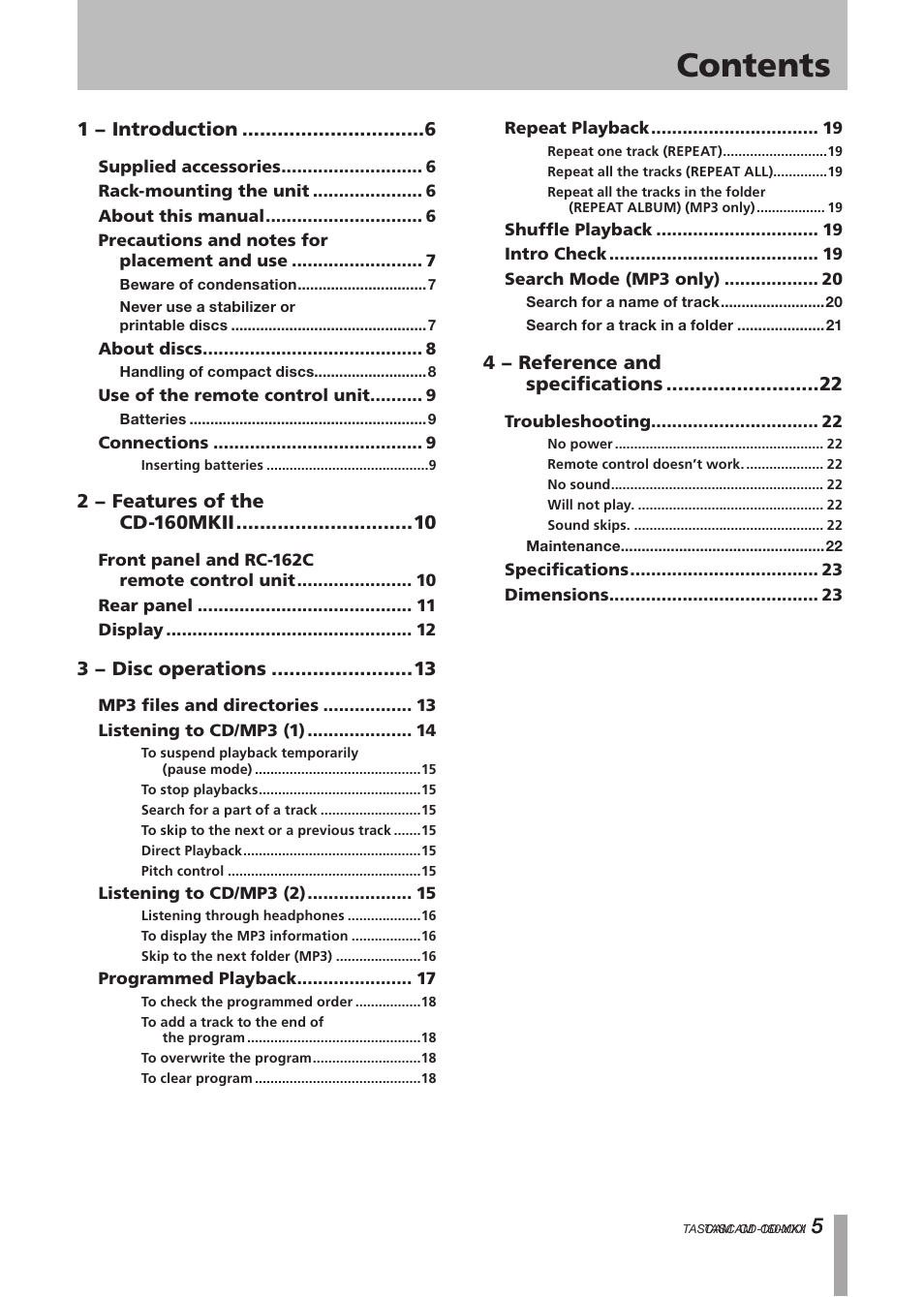 Tascam CD-160MKII User Manual | Page 5 / 24