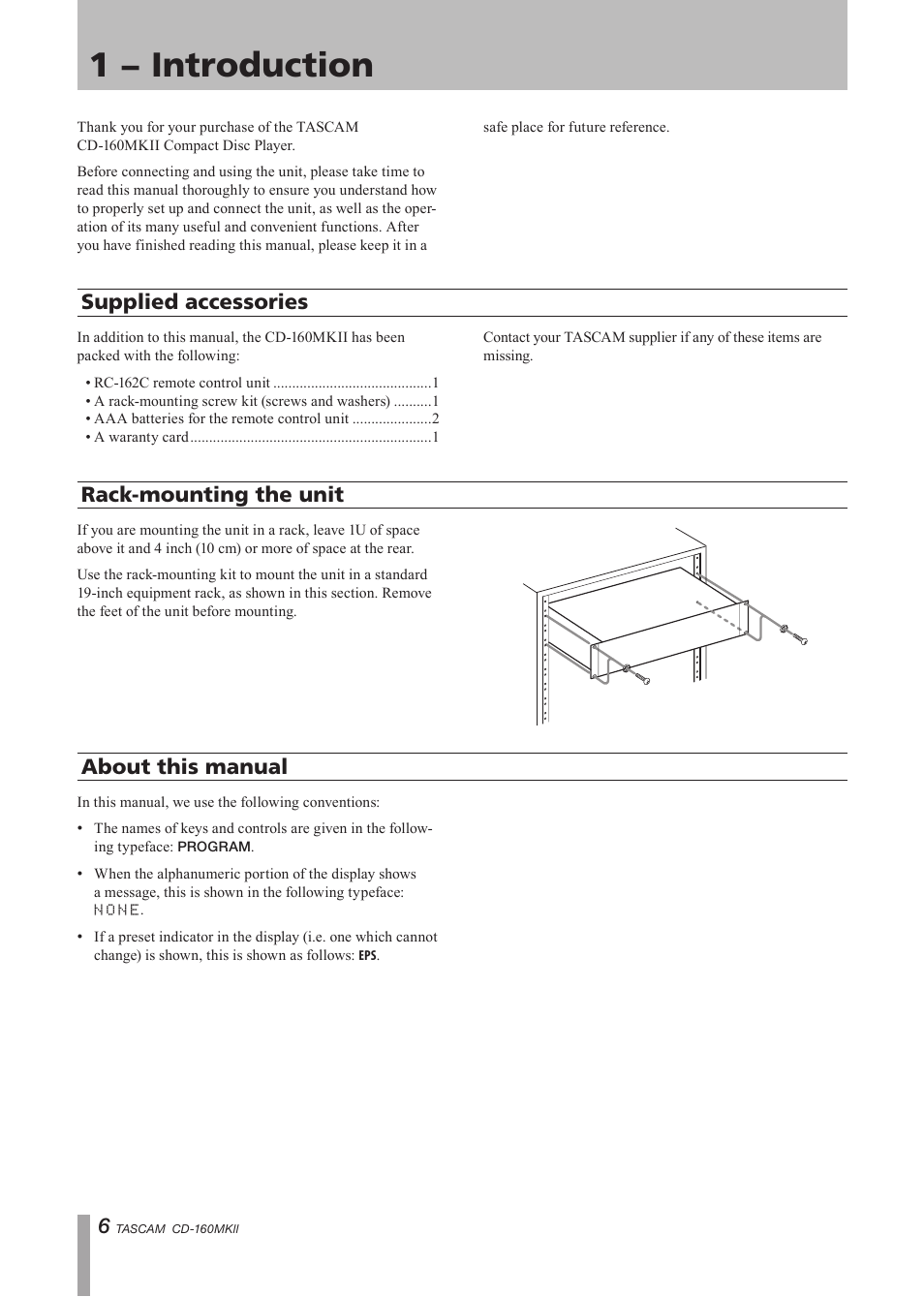 1 − introduction, Rack-mounting the unit, Supplied accessories | About this manual | Tascam CD-160MKII User Manual | Page 6 / 24