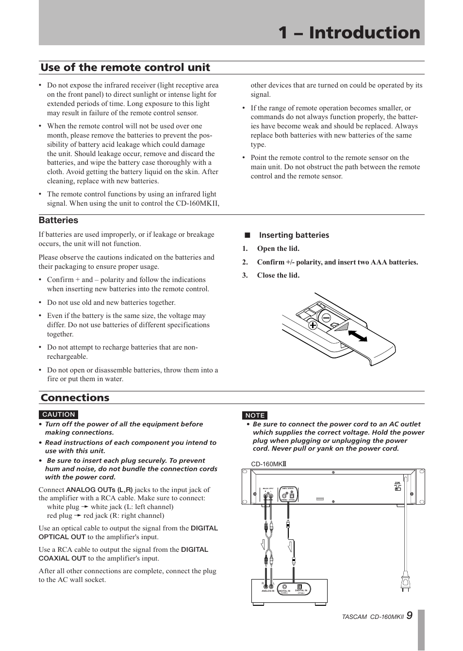 1 − introduction, Use of the remote control unit, Connections | Batteries | Tascam CD-160MKII User Manual | Page 9 / 24