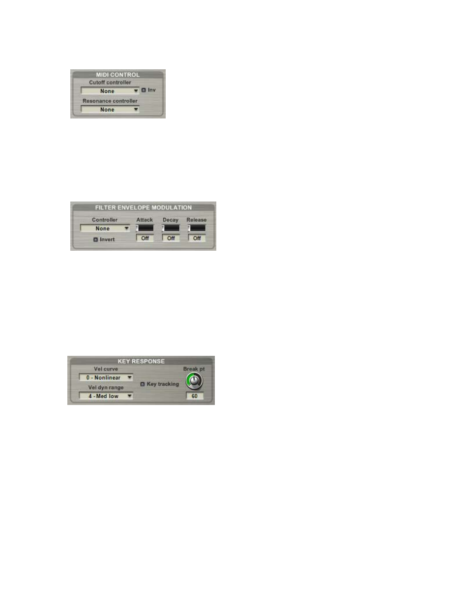 Midi control section, Filter envelope modulation section, Key response section | Tascam GVI User Manual | Page 19 / 33