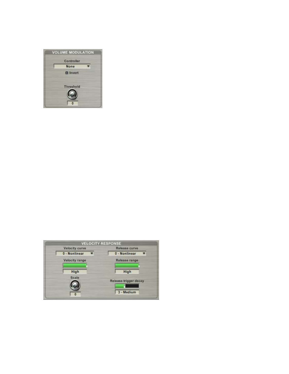 Volume modulation section, Velocity response section | Tascam GVI User Manual | Page 8 / 33