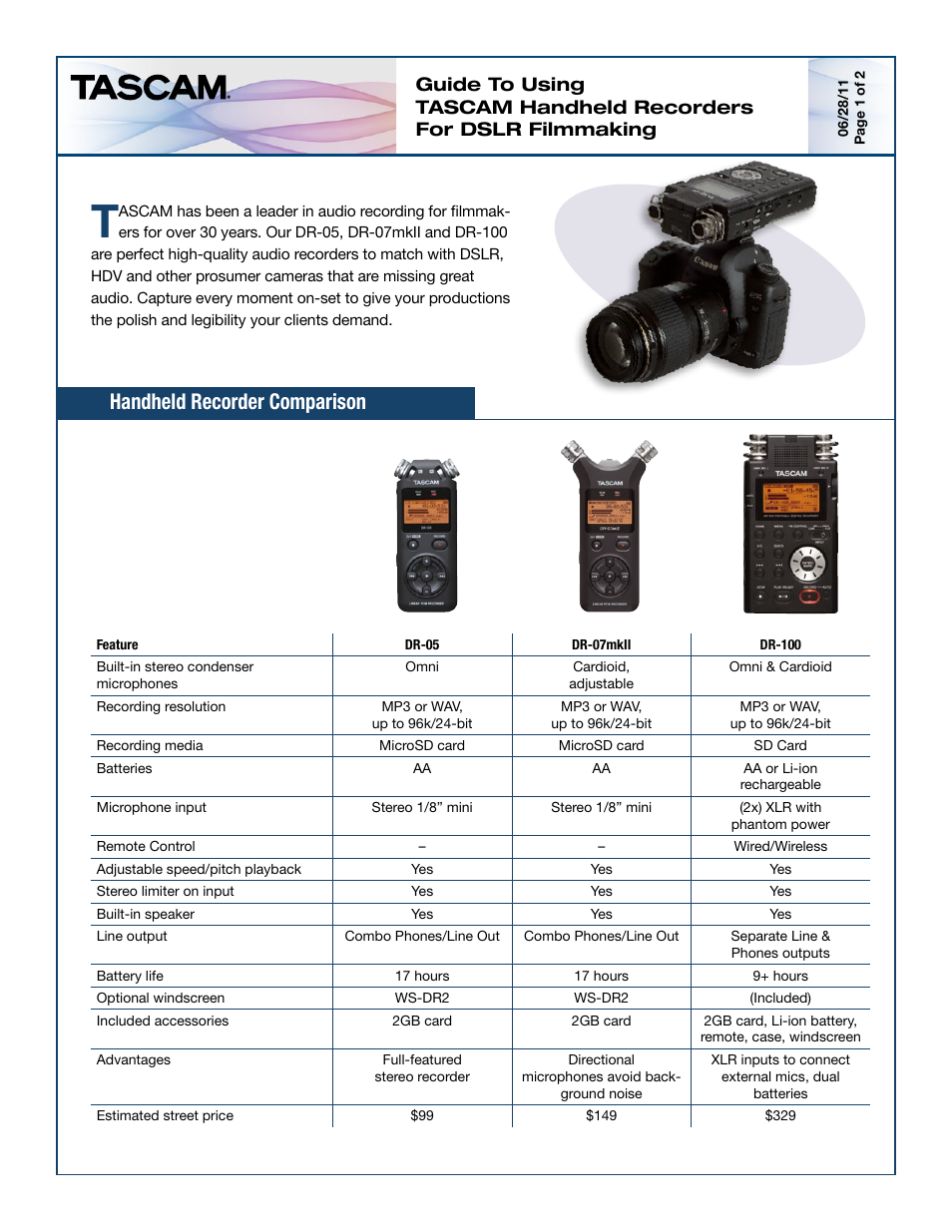 Tascam DR-07MKLL User Manual | 2 pages