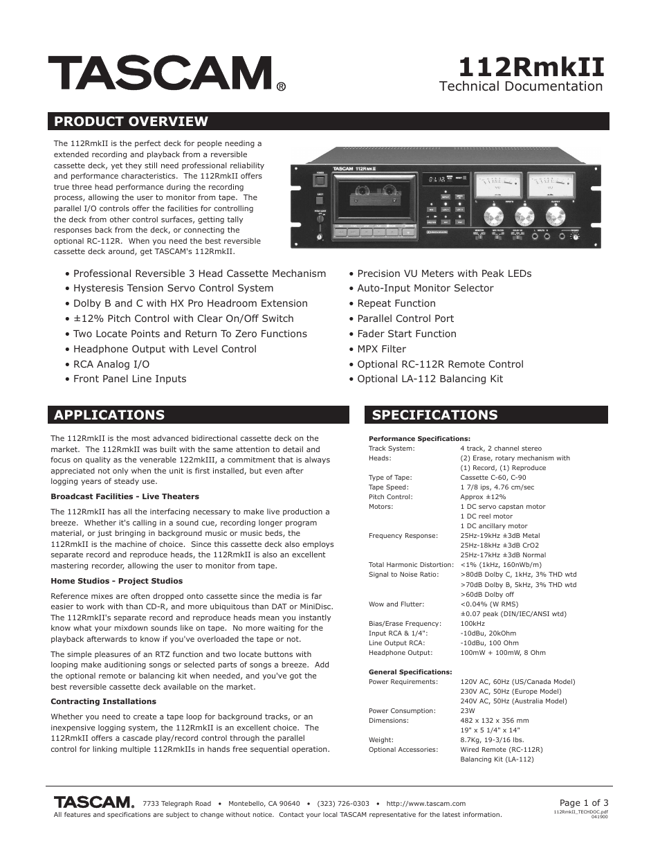 Tascam 112RmkII User Manual | 3 pages