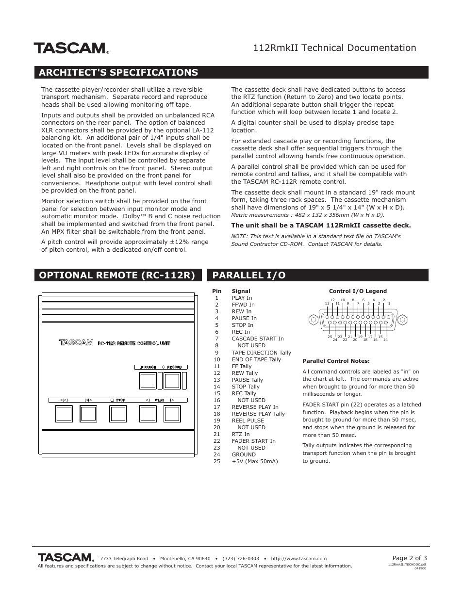 112rmkii technical documentation, Architect's specifications, Optional remote (rc-112r) parallel i/o | Tascam 112RmkII User Manual | Page 2 / 3