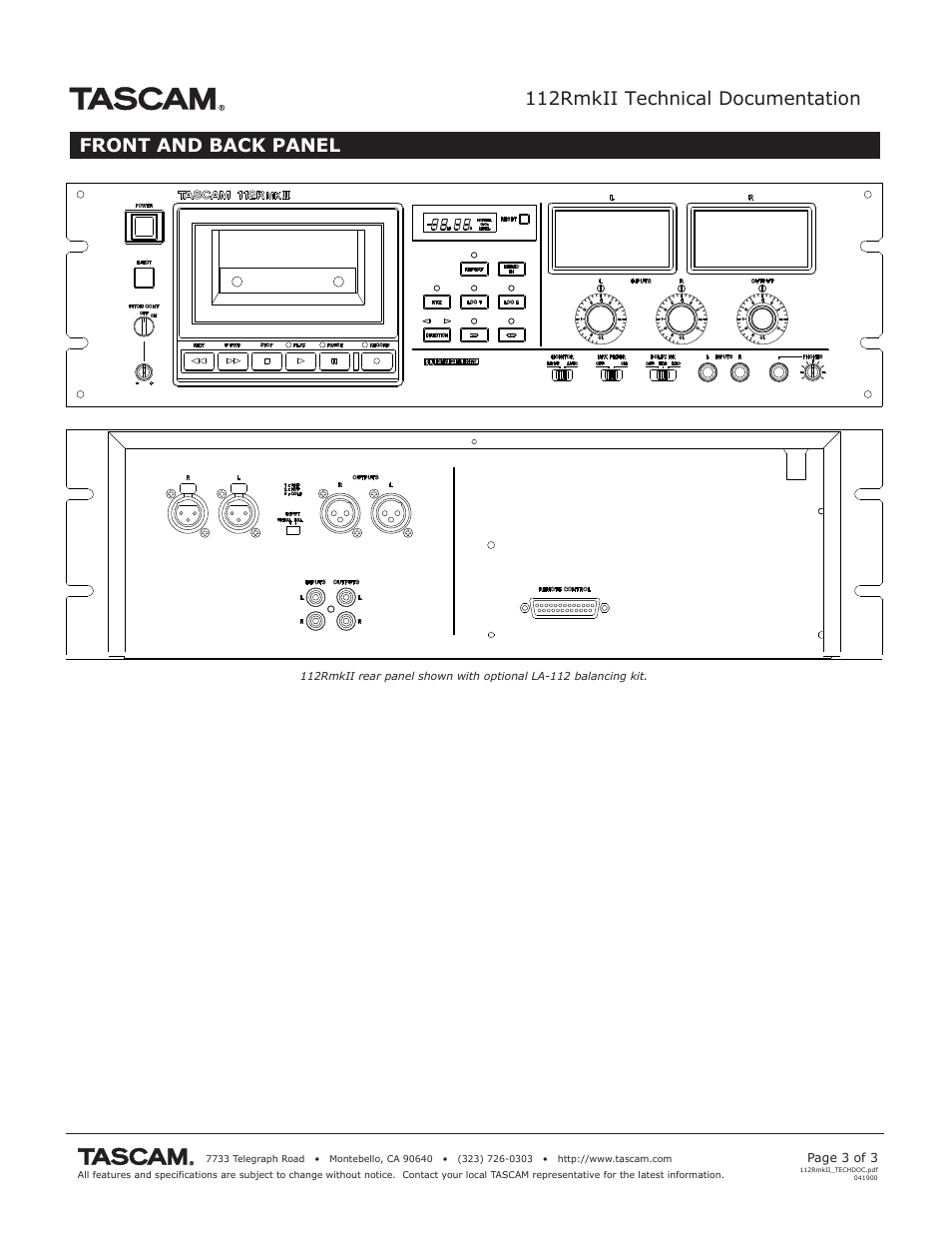 112rmkii technical documentation, Front and back panel | Tascam 112RmkII User Manual | Page 3 / 3