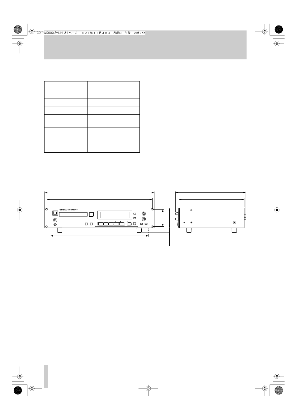 3 physical specifications, 1 dimensional drawing, 6 - specifications | Tascam CD-RW5000 User Manual | Page 24 / 27