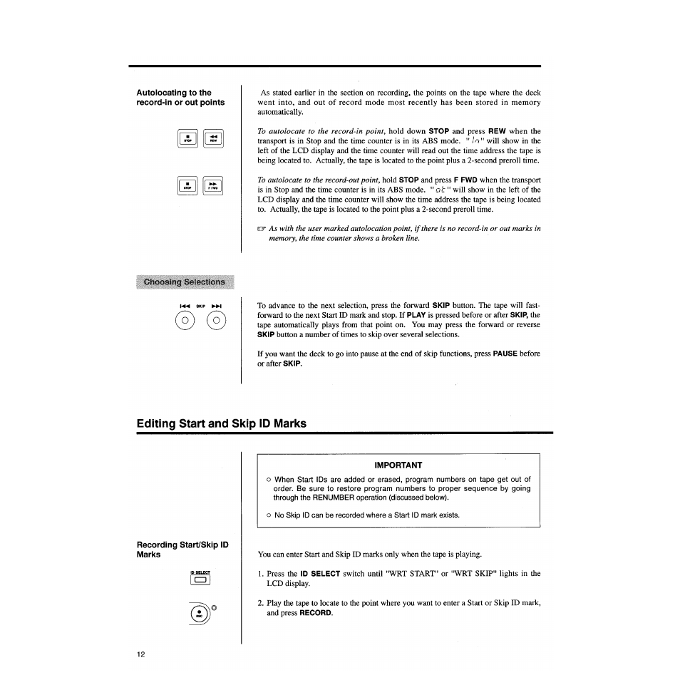 Choosing selections, Editing start and skip id marks, Important | Tascam DA-P1 User Manual | Page 12 / 24