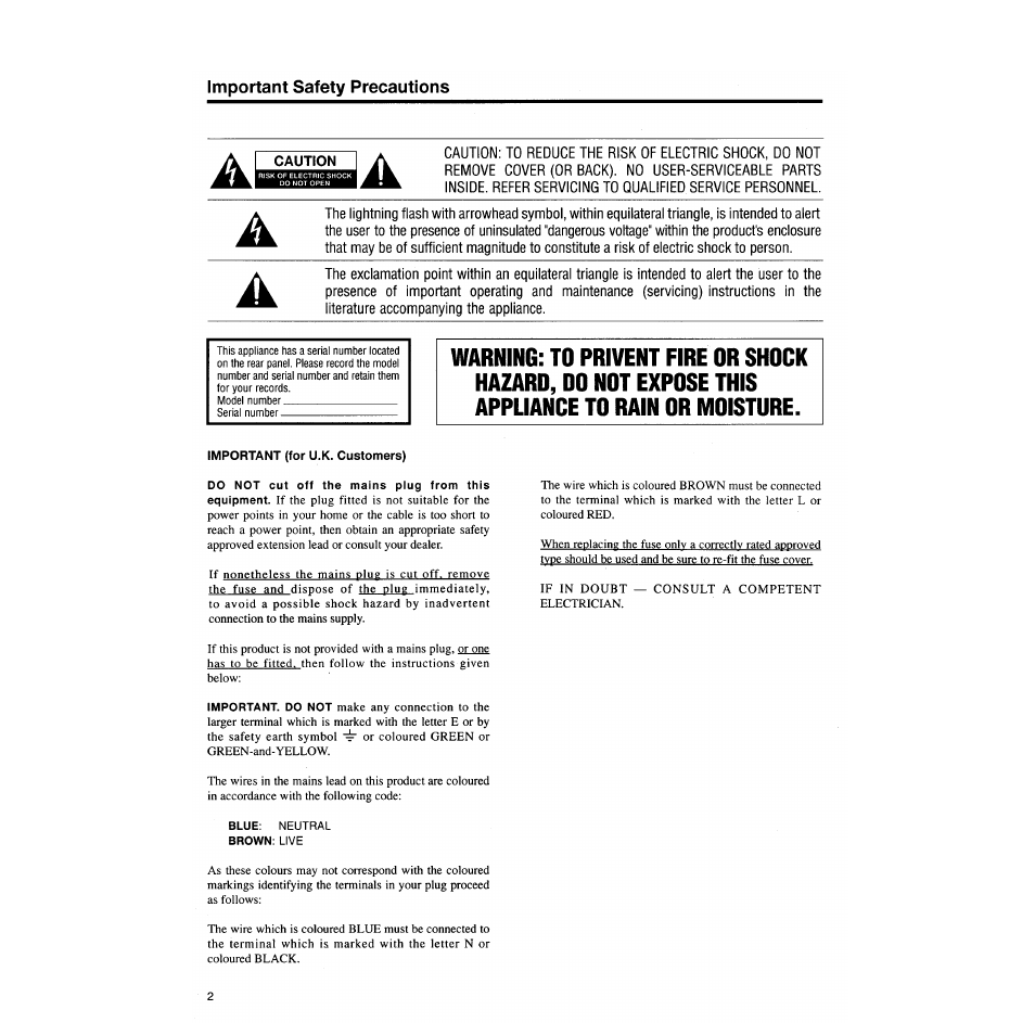 Important safety precautions, Important (for u.k. customers) | Tascam DA-P1 User Manual | Page 2 / 24