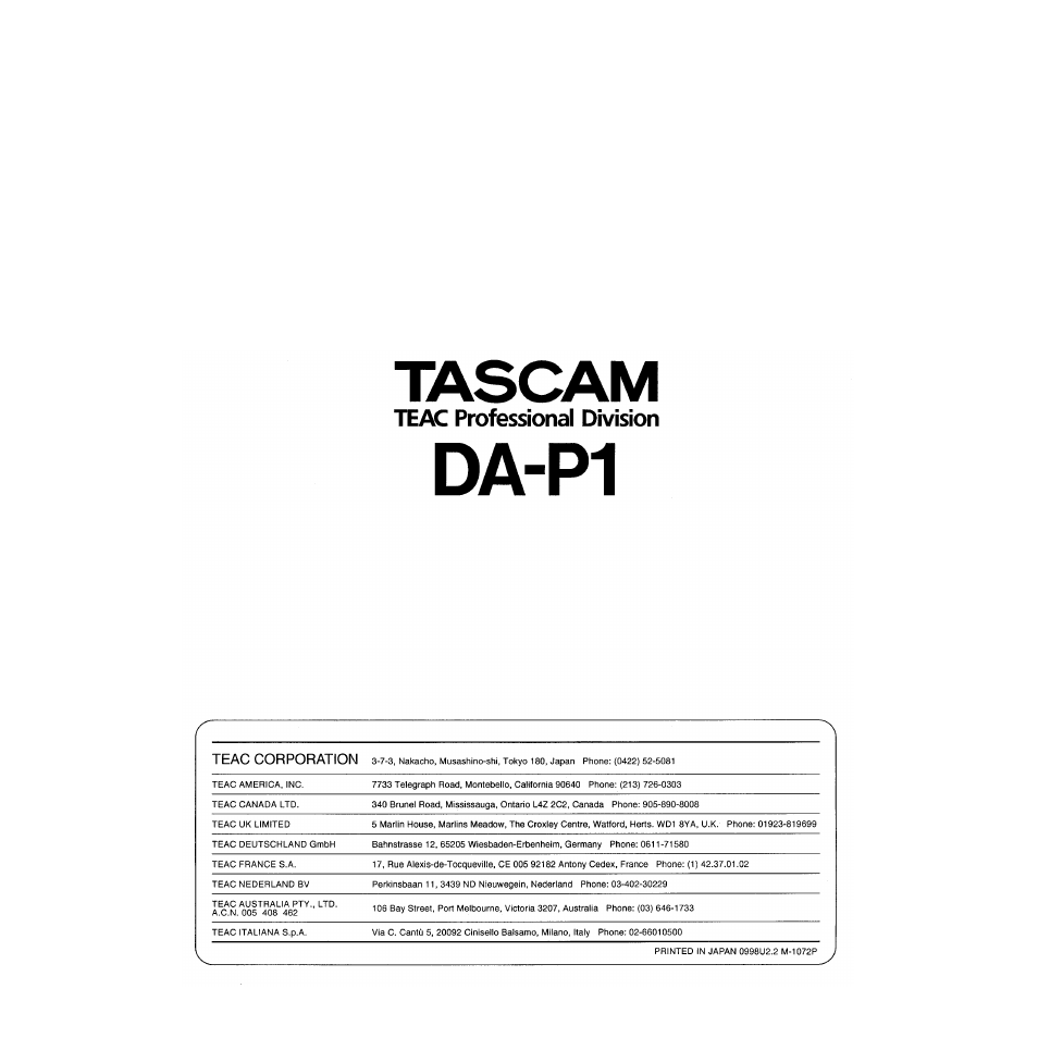 Da-p1, Tascam, Teac professional division | Tascam DA-P1 User Manual | Page 24 / 24