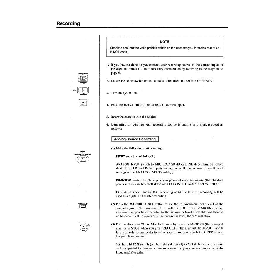 Recording, Note, Analog source recording | Tascam DA-P1 User Manual | Page 7 / 24