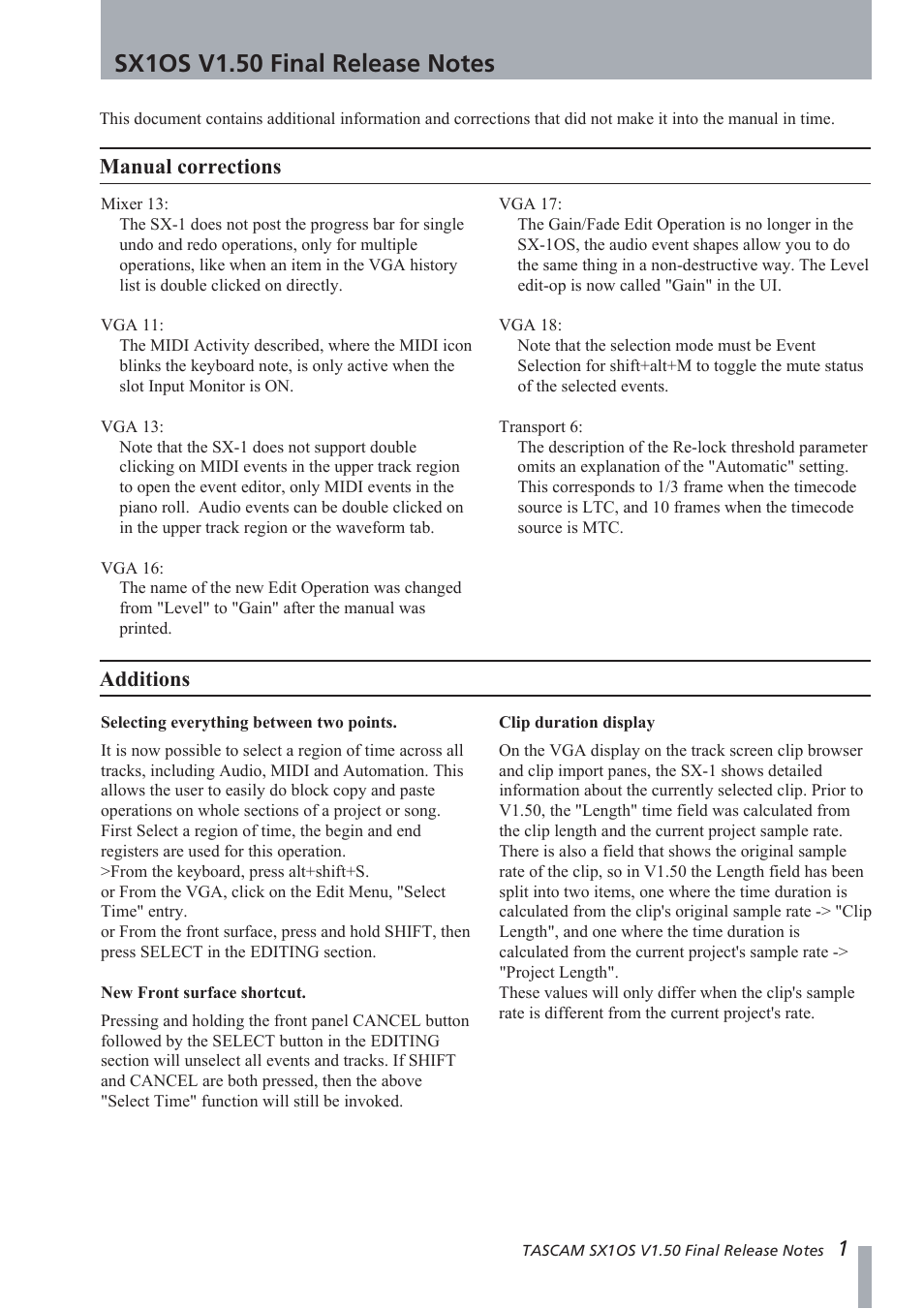 Tascam SX1OS User Manual | 2 pages