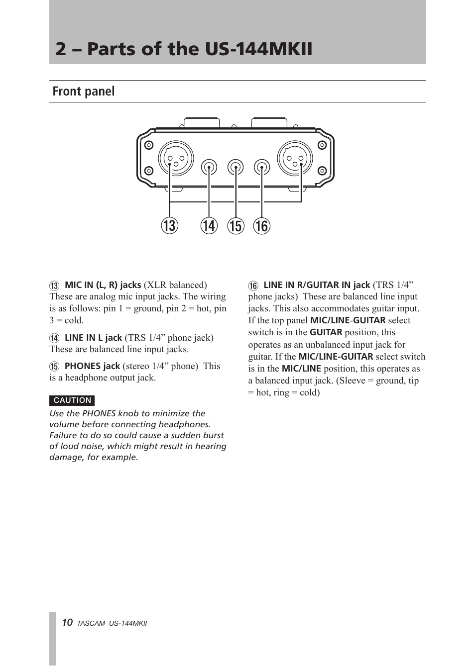 Front panel, 2 – parts of the us-144mkii | Tascam US-144MKII User Manual | Page 10 / 36