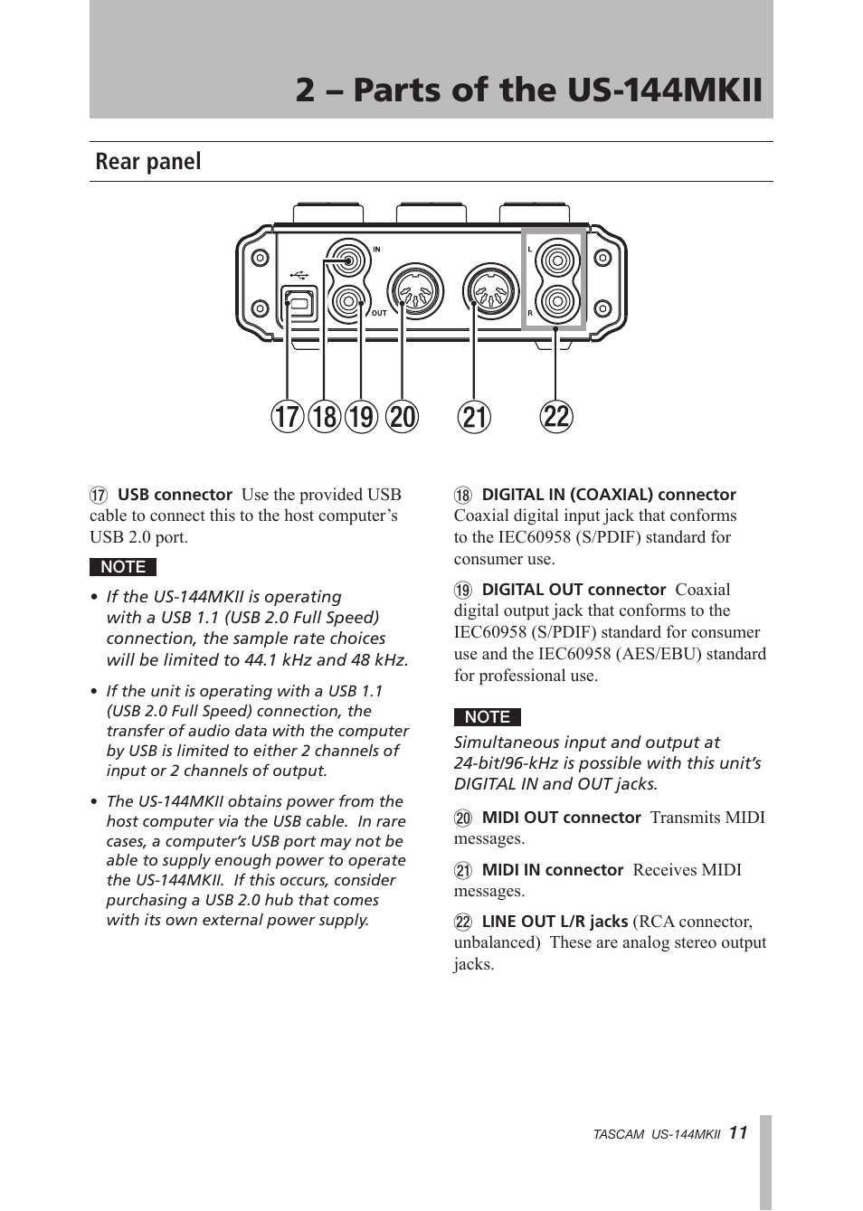 Rear panel, 2 – parts of the us-144mkii | Tascam US-144MKII User Manual | Page 11 / 36