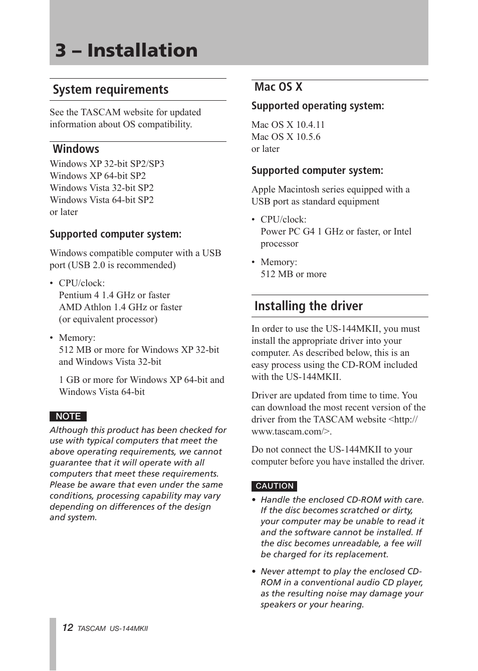 3 – installation, System requirements, Windows | Mac os x, Installing the driver, Windows mac os x | Tascam US-144MKII User Manual | Page 12 / 36