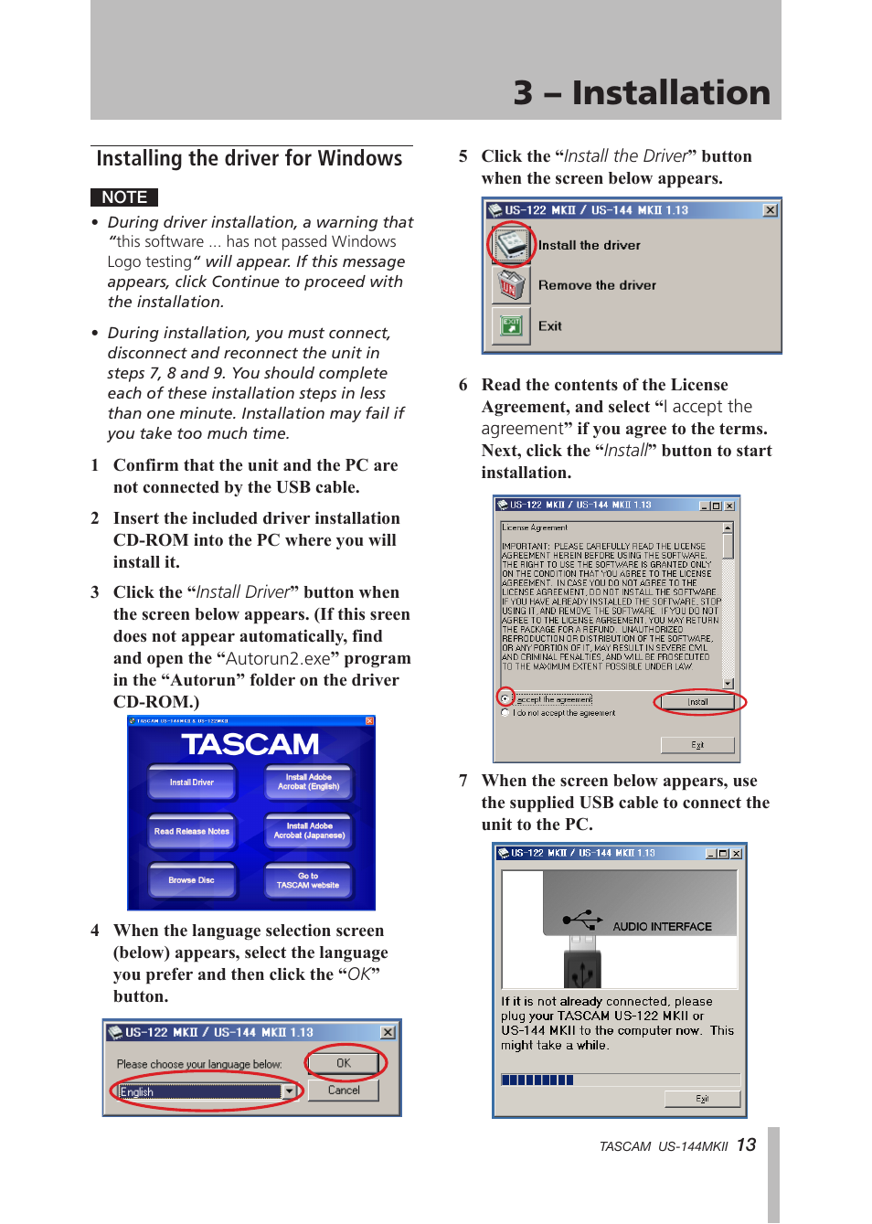 Installing the driver for windows, 3 – installation | Tascam US-144MKII User Manual | Page 13 / 36