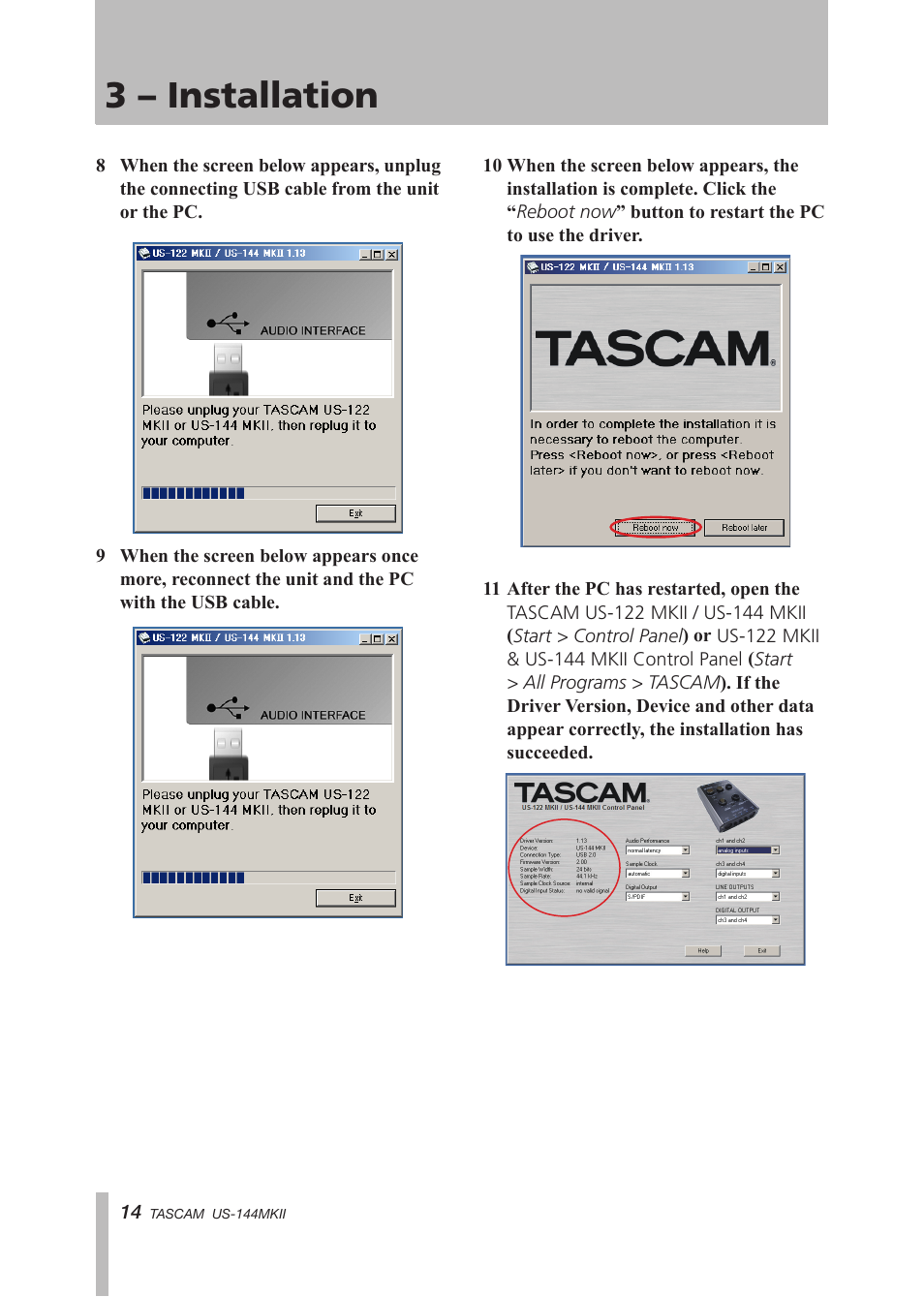 3 – installation | Tascam US-144MKII User Manual | Page 14 / 36