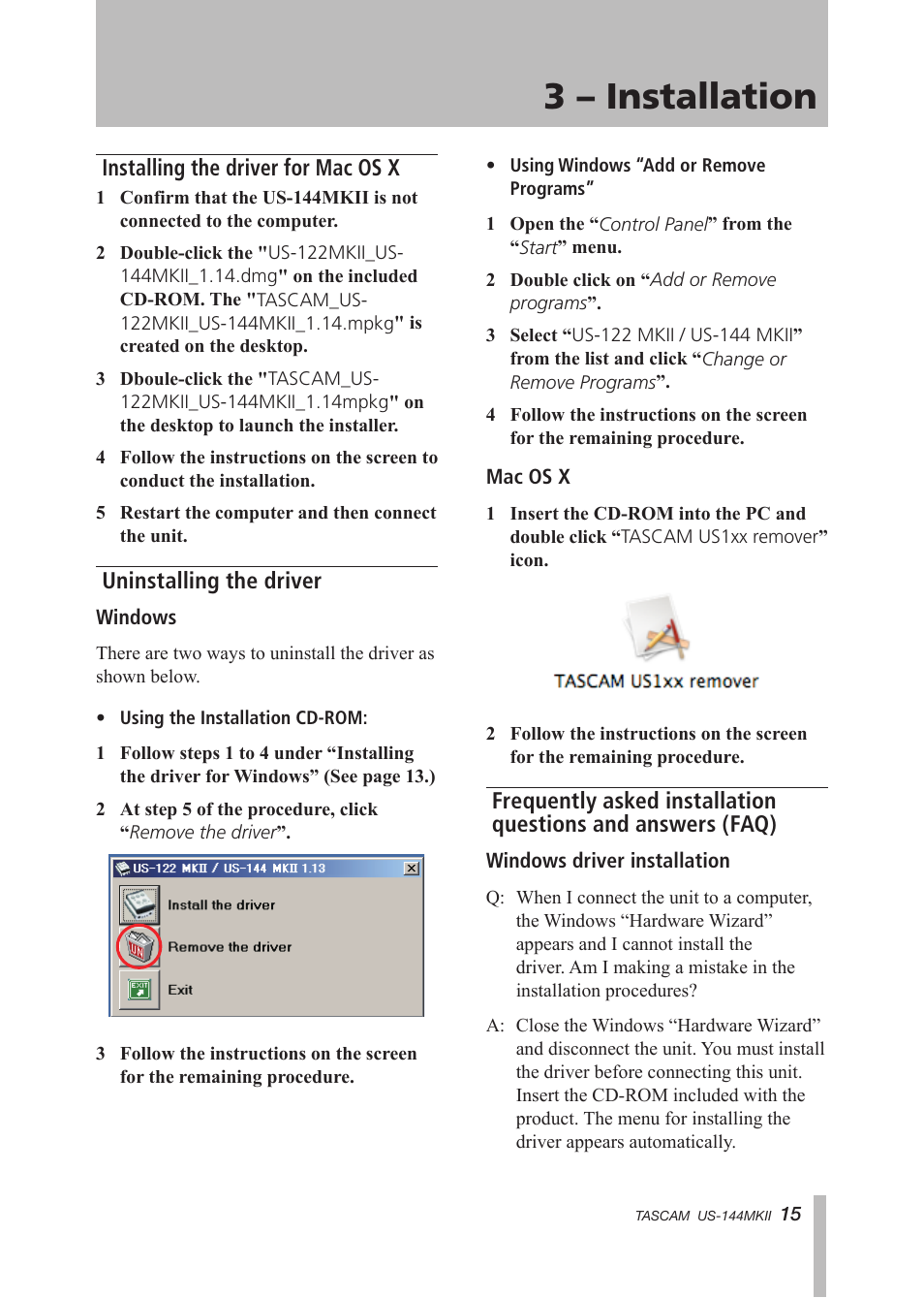 Installing the driver for mac os x, Uninstalling the driver, Questions and answers (faq) | 3 – installation | Tascam US-144MKII User Manual | Page 15 / 36