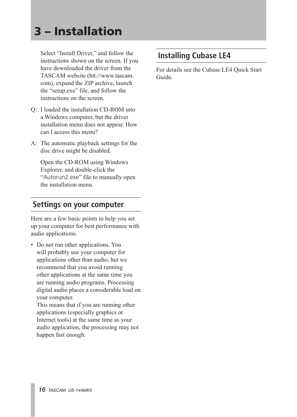 Settings on your computer, Installing cubase le4, Settings on your computer installing cubase le4 | 3 – installation | Tascam US-144MKII User Manual | Page 16 / 36