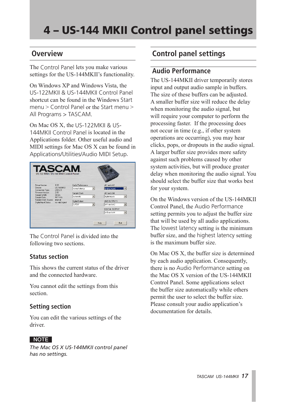 4 – us-144 mkii control panel settings, Overview, Control panel settings | Audio performance, 4 – us-144 mkii control panel, Settings, Overview control panel settings | Tascam US-144MKII User Manual | Page 17 / 36