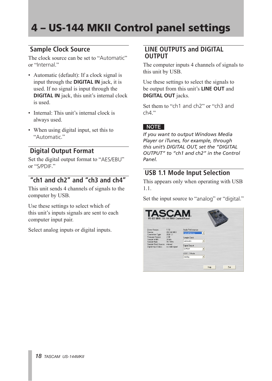 Sample clock source, Digital output format, Line outputs and digital | Usb 1.1 mode input selection, Sample clock source digital output format, Ch3 and ch4” .18, Output usb 1.1 mode input selection, 4 – us-144 mkii control panel settings, Ch1 and ch2” and “ch3 and ch4, Line outputs and digital output | Tascam US-144MKII User Manual | Page 18 / 36