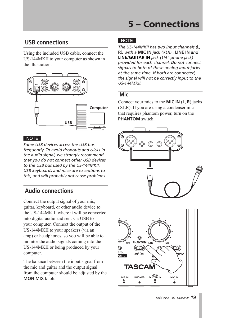 5 – connections, Usb connections, Audio connections | Usb connections audio connections | Tascam US-144MKII User Manual | Page 19 / 36