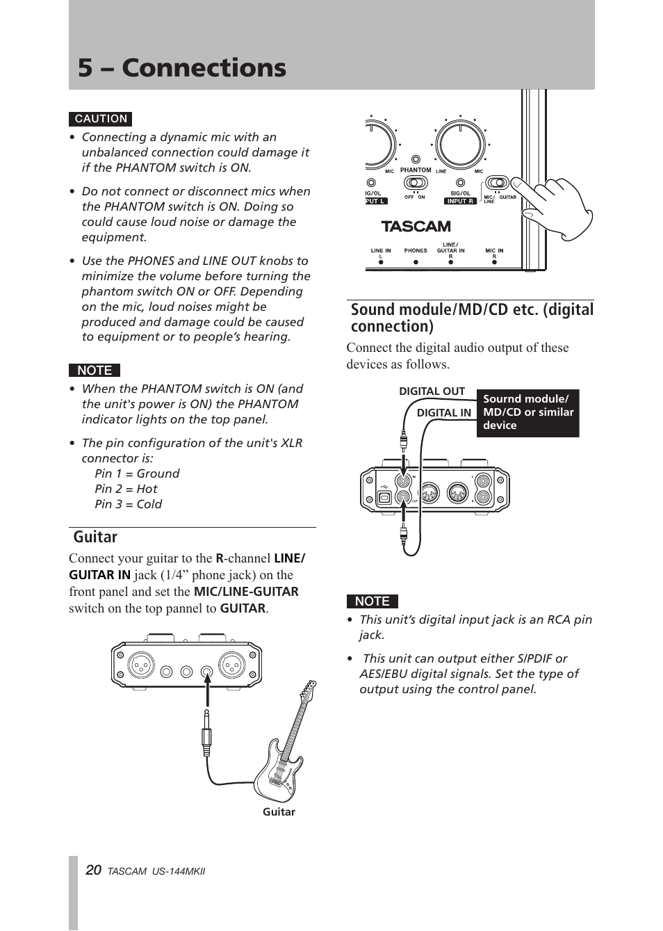 Guitar, Sound module/md/cd etc. (digital connection), 5 – connections | Tascam US-144MKII User Manual | Page 20 / 36