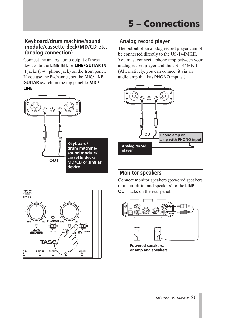 Analog record player, Monitor speakers, 5 – connections | Tascam US-144MKII User Manual | Page 21 / 36