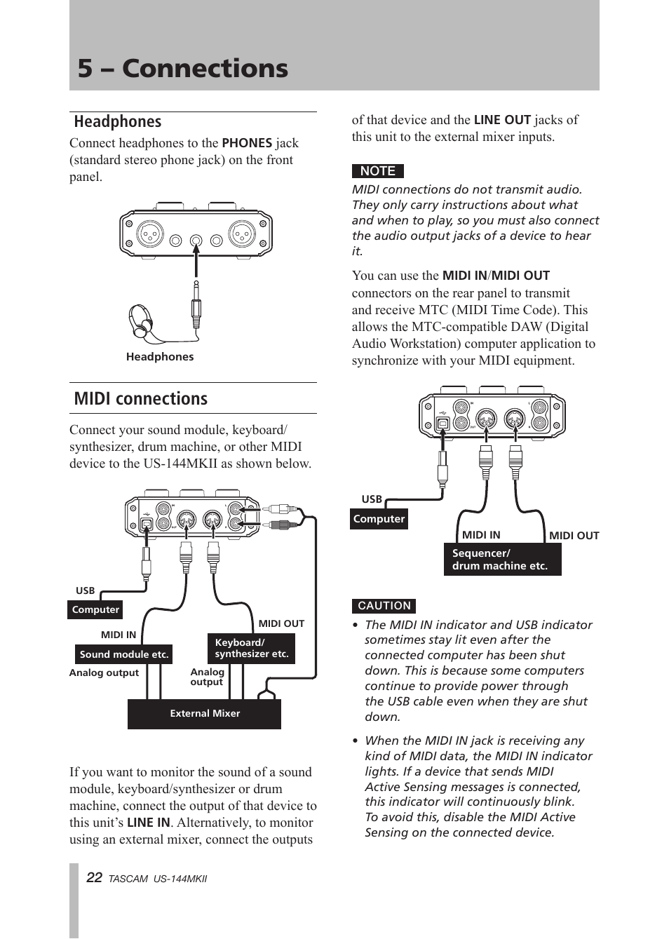 Headphones, Midi connections, 5 – connections | Tascam US-144MKII User Manual | Page 22 / 36