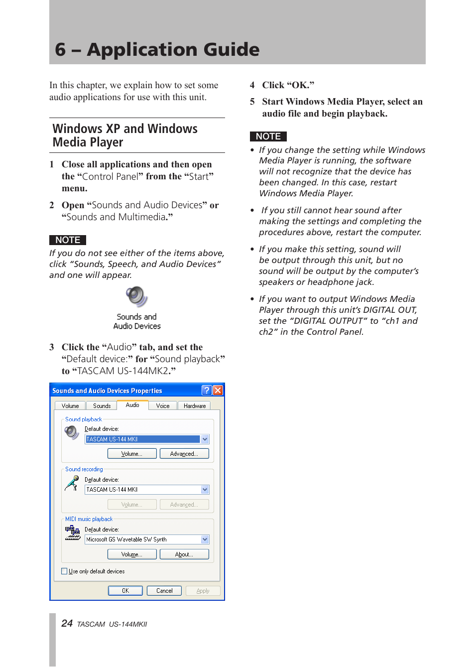 6 – application guide, Windows xp and windows media player, Windows xp and windows media | Player | Tascam US-144MKII User Manual | Page 24 / 36