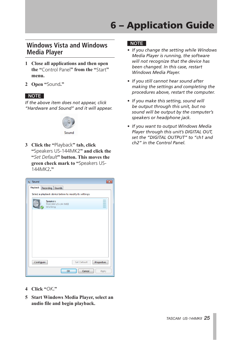 Windows vista and windows media player, 6 – application guide | Tascam US-144MKII User Manual | Page 25 / 36