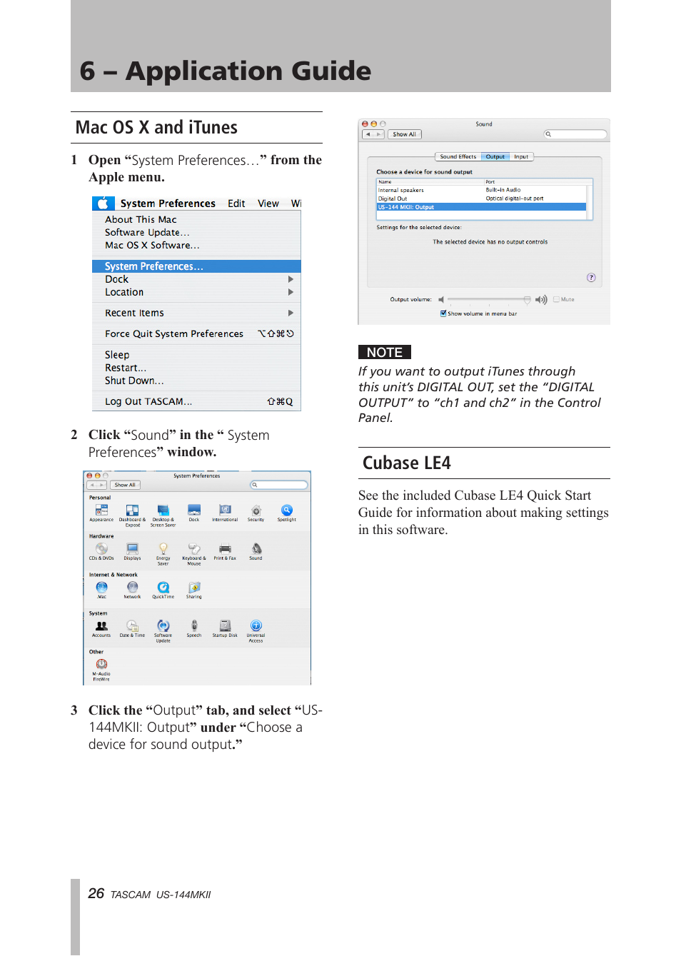Mac os x and itunes, Cubase le4, Mac os x and itunes cubase le4 | 6 – application guide | Tascam US-144MKII User Manual | Page 26 / 36