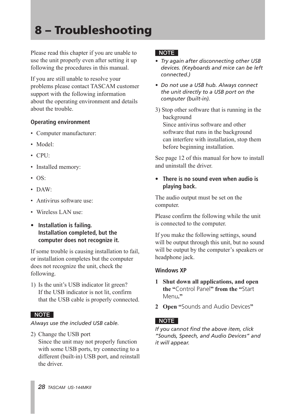 8 – troubleshooting | Tascam US-144MKII User Manual | Page 28 / 36