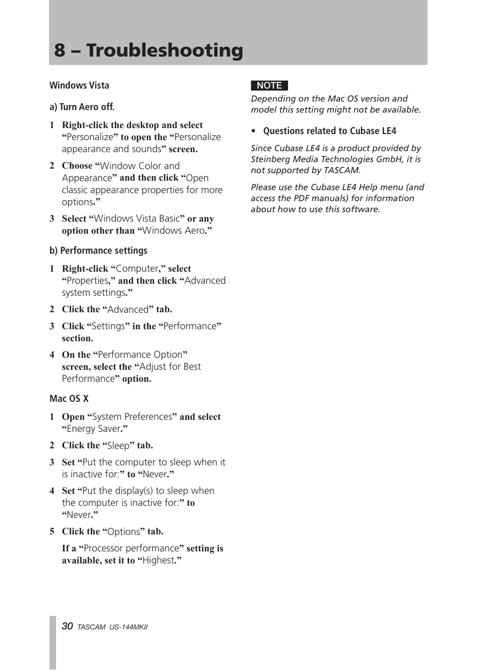 8 – troubleshooting | Tascam US-144MKII User Manual | Page 30 / 36