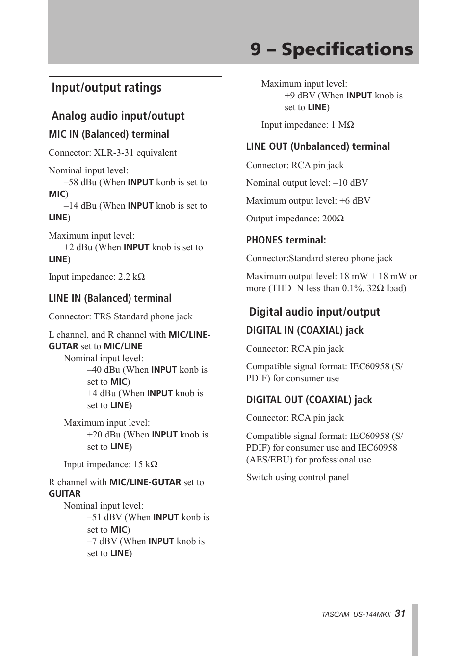 9 – specifications, Input/output ratings, Analog audio input/outupt | Digital audio input/output | Tascam US-144MKII User Manual | Page 31 / 36