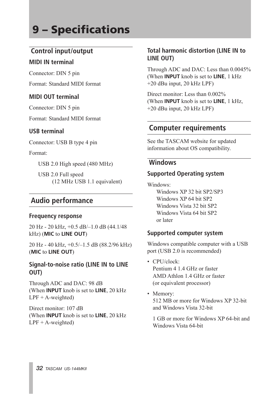Control input/output, Audio performance, Computer requirements | Windows, Audio performance computer requirements, 9 – specifications | Tascam US-144MKII User Manual | Page 32 / 36