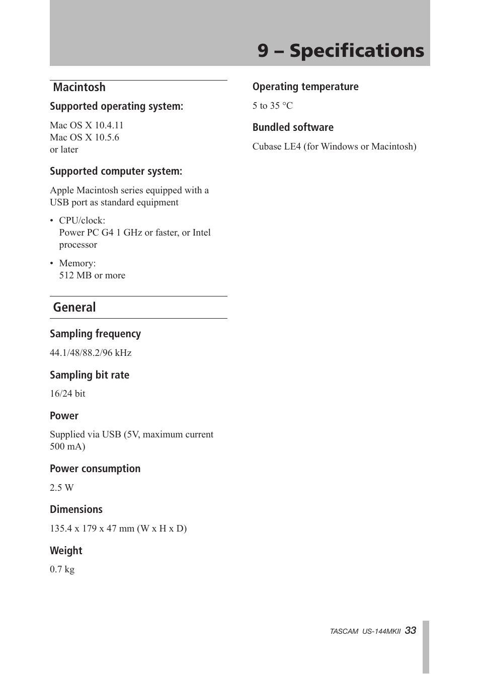 Macintosh, General, 9 – specifications | Tascam US-144MKII User Manual | Page 33 / 36