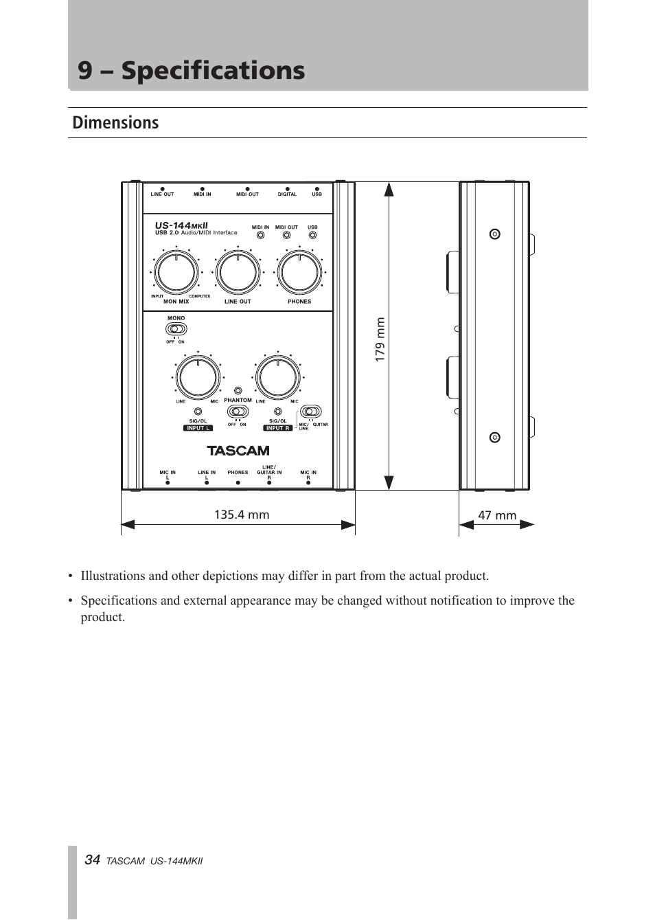 Dimensions, 9 – specifications | Tascam US-144MKII User Manual | Page 34 / 36