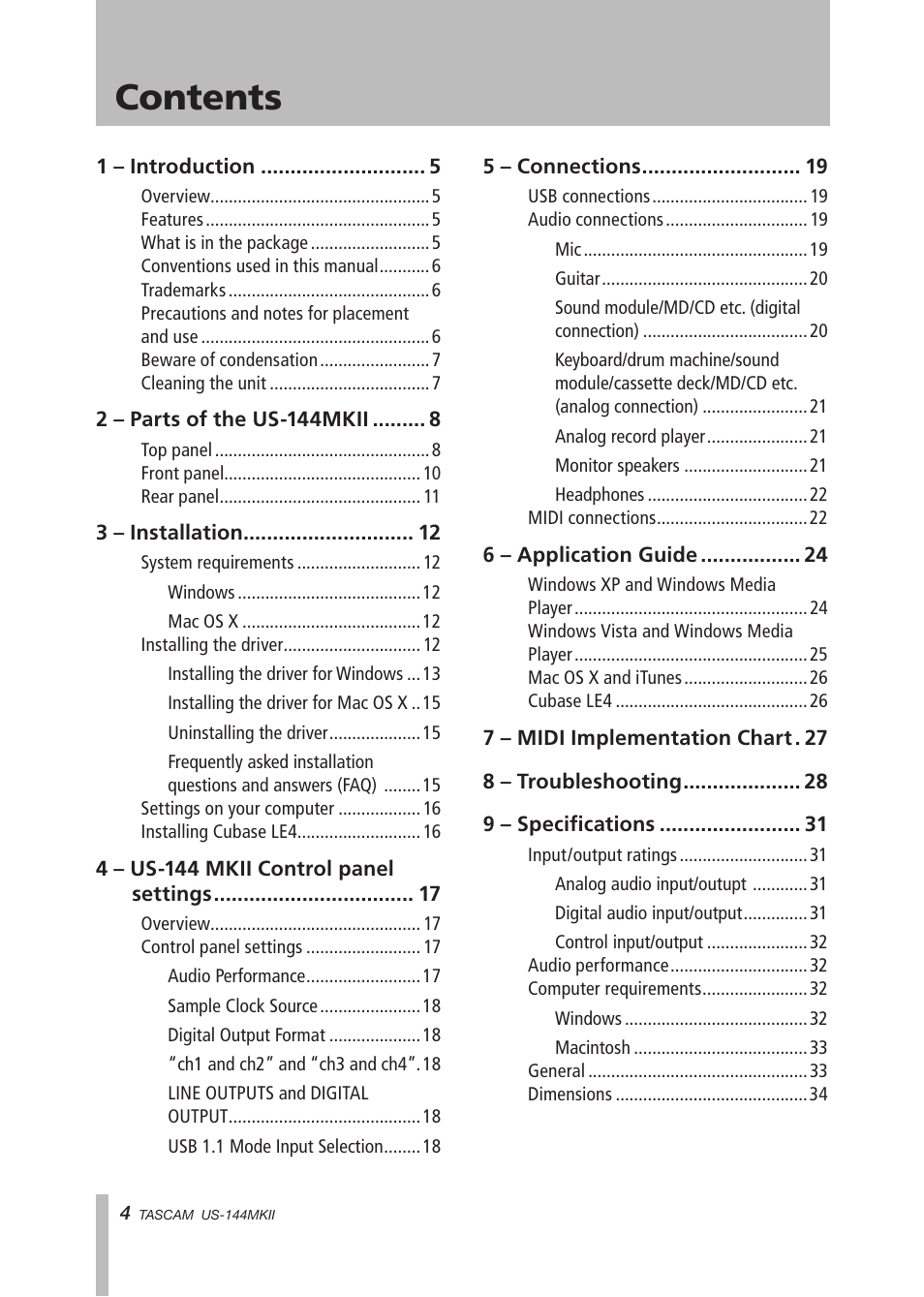 Important safety precautions contents | Tascam US-144MKII User Manual | Page 4 / 36