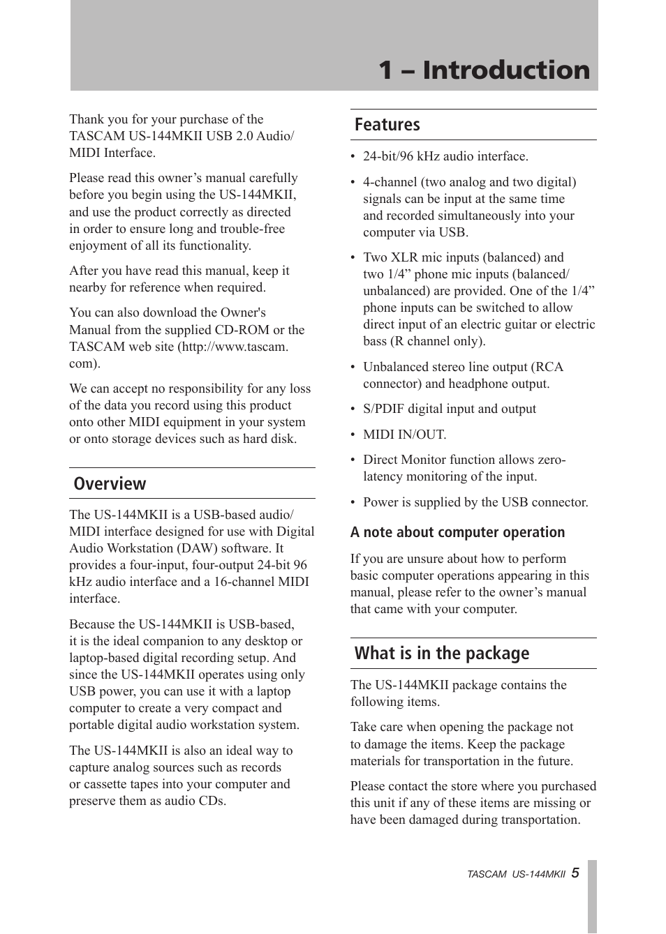 1 – introduction, Overview, Features | What is in the package, Overview features what is in the package | Tascam US-144MKII User Manual | Page 5 / 36