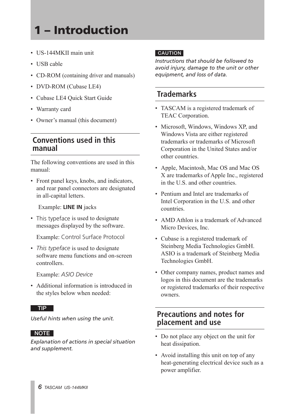 Conventions used in this manual, Trademarks, Precautions and notes for placement and use | 1 – introduction | Tascam US-144MKII User Manual | Page 6 / 36