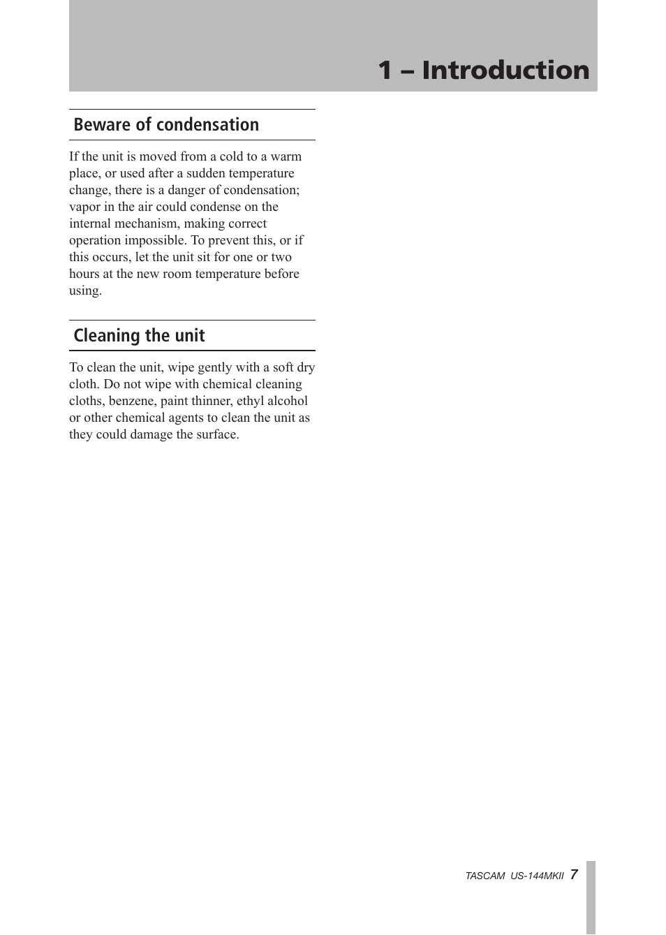 Beware of condensation, Cleaning the unit, Beware of condensation cleaning the unit | 1 – introduction | Tascam US-144MKII User Manual | Page 7 / 36