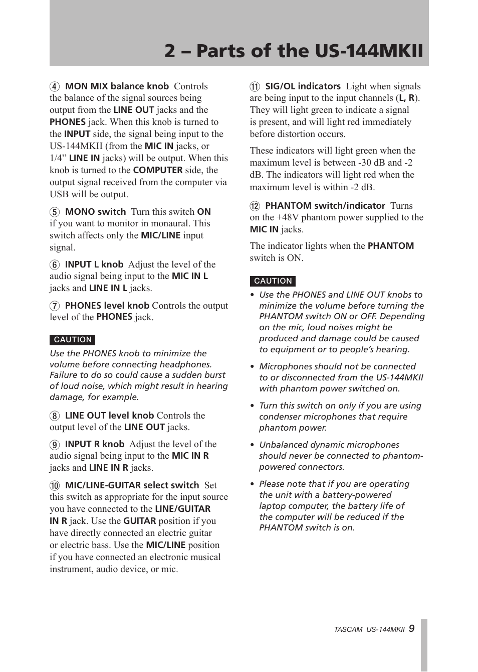 2 – parts of the us-144mkii | Tascam US-144MKII User Manual | Page 9 / 36