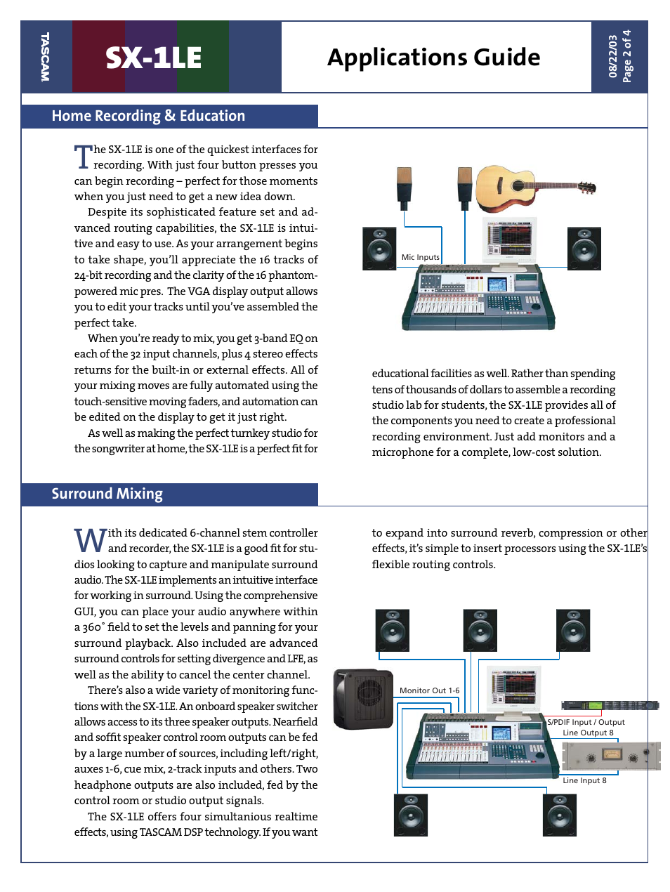 Sx-1le, Applications guide, Home recording & education surround mixing | Tascam SX-1LE User Manual | Page 2 / 4