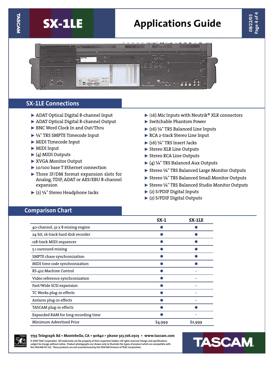 Sx-1le, Applications guide, Sx-1le connections | Comparison chart | Tascam SX-1LE User Manual | Page 4 / 4