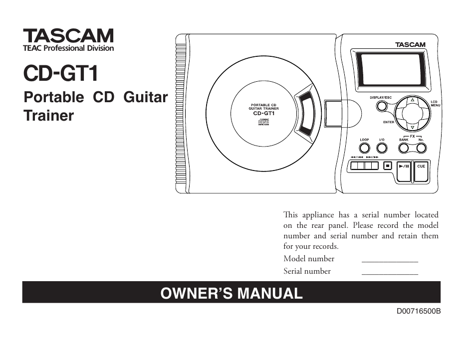 Tascam PORTABLE CD GUITAR CD-GT1 User Manual | 16 pages