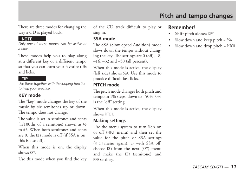 Pitch and tempo changes, Remember | Tascam PORTABLE CD GUITAR CD-GT1 User Manual | Page 11 / 16